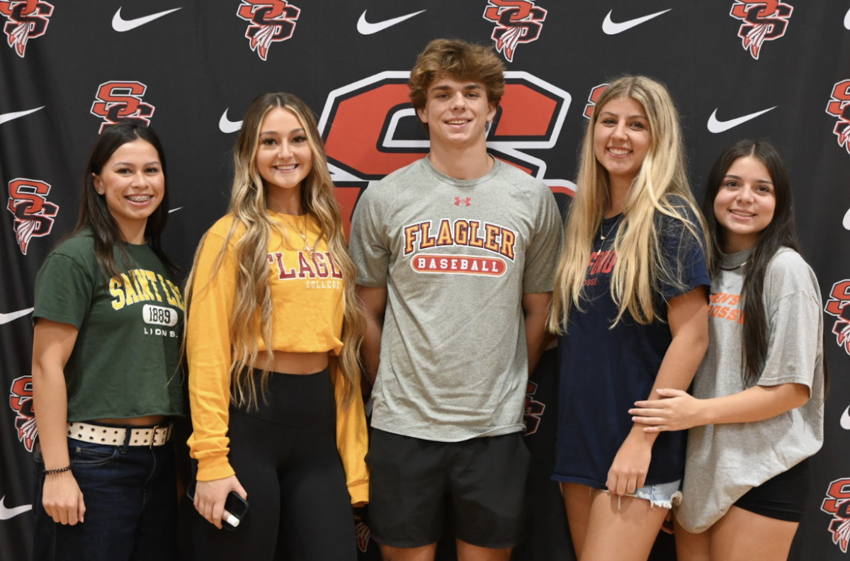 Nola Johnson (Left), Ava Matthe’s, Noah Johnson, Olivia Sprinkle, and Amaya Cadman (Right) pictured during the “signing day” event on November 13th excited about their college endeavors.